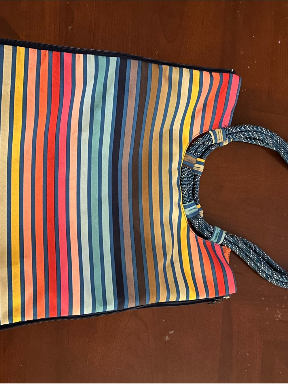 Kavu Rainbow Striped Tote with Navy Rope Handles